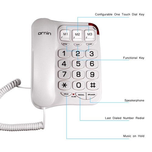 Ornin S016+ Big Button Corded Telephone with Speaker, Desk Phone Only (Off-White)