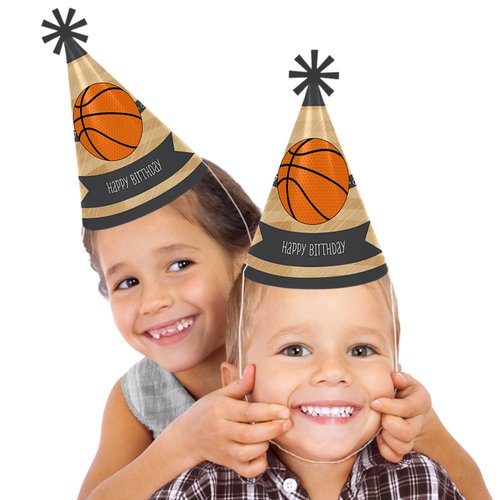 Big Dot of Happiness Nothin' but Net - Basketball - Cone Happy Birthday Party Hats for Kids and Adults - Set of 8 (Standard Size)