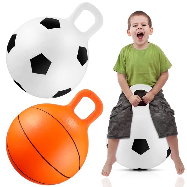 Threan 2 Pcs Bounce Balls with Handles for Kids 18'' Jumping Hopper Ball Soccer Basketball Style Exercise Bouncy Ball for Kids 3-6 Years Jumping Sitting Racing