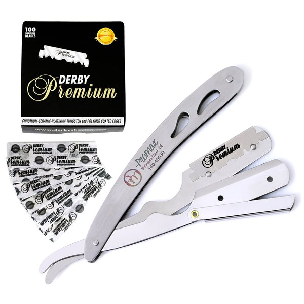 ProMax Professional Straight Edge Razor-Barber Razor with 100 Derby Blades-Close Shaving Men's Manual Shaver Safety Stainless Steel-160-10031