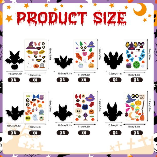 HOWAF Bat Craft Kit Stickers 24 Pack Halloween Crafts Sticker Kits for Kids Make Your Own Bat Ornament, DIY Bat Trick or Treat Projects for Halloween Holiday School Classroom Activities