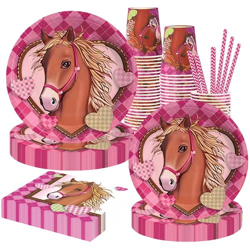 Horse Birthday Party Supplies-Complete Pack Horse Party Tableware Set Including Horse Party Plates Cups Napkins Straws Serves 16 for Girls Horse Birthday Baby Shower Decorations