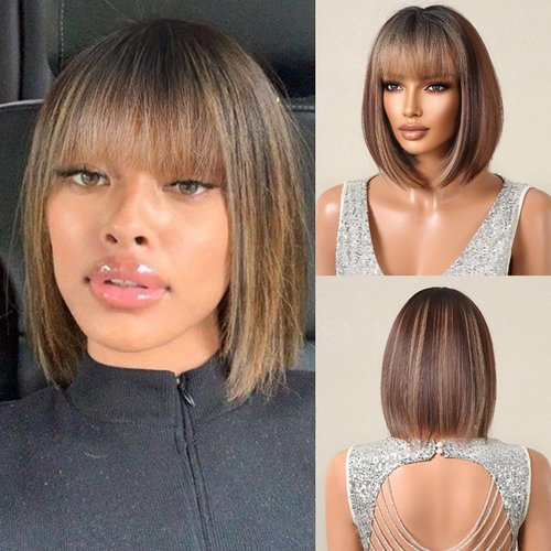 Allbell Bob Wigs for Black Women Short Brown Bob Wig with Blonde Bangs Highlights Natural Looking Synthetic Wig for Daily Use