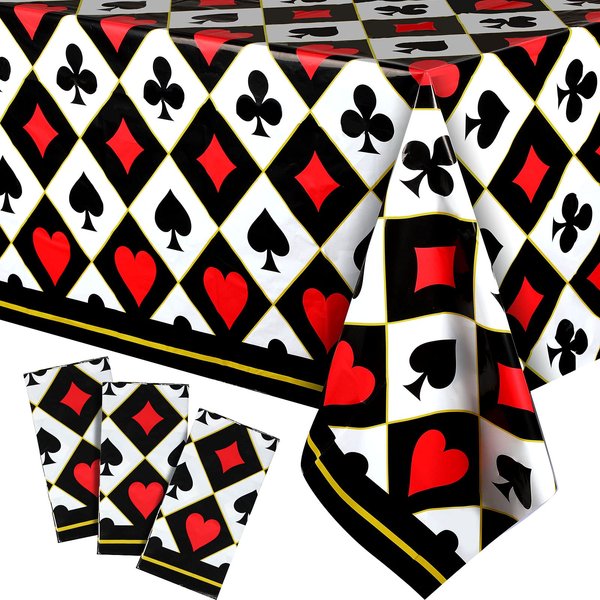 Irenare 3 Pcs Casino Poker Party Tablecloths Decor Poker Plastic Disposable Table Cover for Halloween Picnic Birthday Las Vegas Casino Theme Party Supplies, 54 x 108 Inches