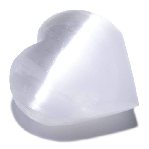 KALIFANO Selenite Heart Worry Stone with Healing & Calming Effects - High Energy Selenita/Satin Spar Love Palm Stone Used for Cleansing and Protection (Information Card Included)