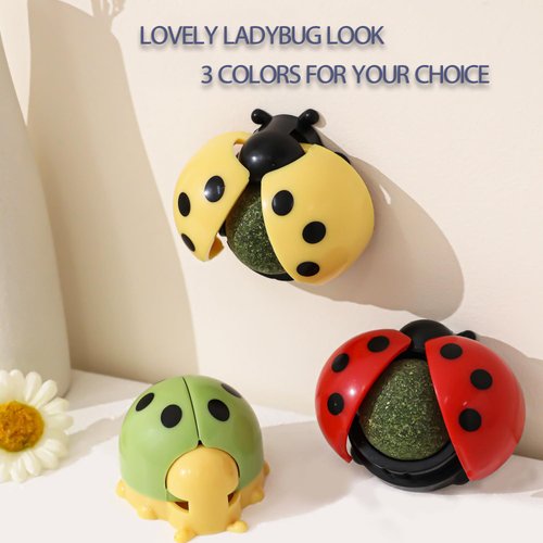 Blnboimrun 3 Pcs Catnip Toys Balls That Stick on Wall,Cat Toy Ball, Catnip Wall Balls for Cats Lick,Cat Face Scratchers, Cat self Groomer for Indoor Cats, (3-Color, Ladybug)