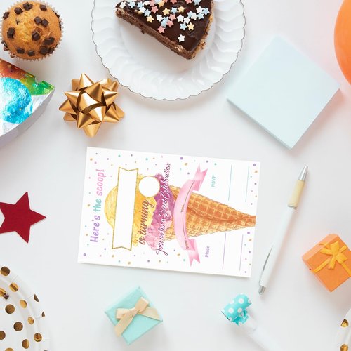 EUDOSI Ice Cream Birthday Party Invitations Supplies Fill-In Set of 20 with Envelopes Here's the Scoop Cone Birthday Bash Invites Cards, Double Sided