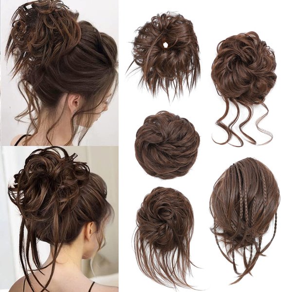 Elvirgel 5 PCS Messy Bun Hair Piece for Women Scrunchies Ponytail Extension with Elastic Rubber Band Hair Pieces for Updos Fake Hair Buns Hair Piece Accessories Set for Women（Brown)