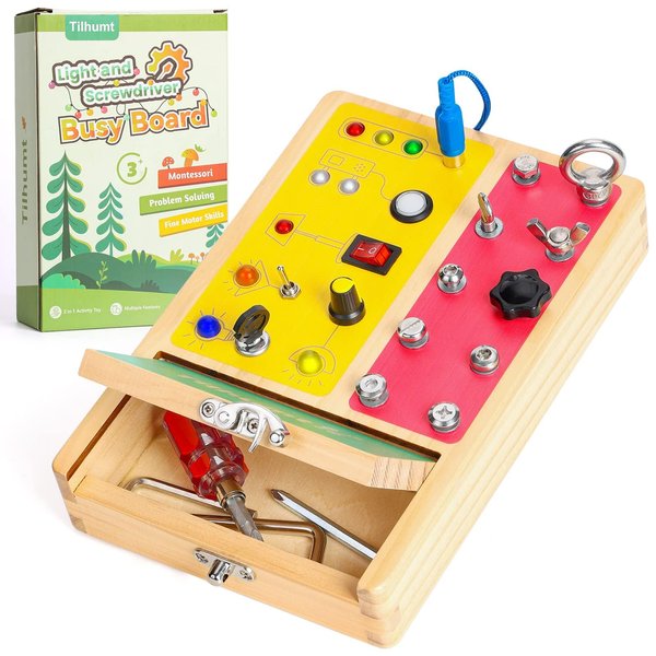 Tilhumt 2-in-1 Busy Board, Montessori Screwdriver Board Set with 6 LED Light Switch Toy for Toddlers, Montessori Switch Board with Storage Box for Tools, Educational Travel Toys for Kids 3+ Year Old