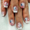 4th of July Fake Nails Independence Day American Flag Fireworks Press on Nails Short French Tips False Nails Chrome Glitter Nails Design Glue on Nails for Women Independence Day Nails Decor 24pcs