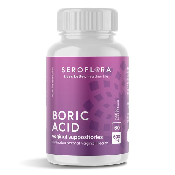 Seroflora Boric Acid Vaginal Suppositories - Promotes Vaginal pH Balance and Odor Control with USP Medical Grade Fine Powder, Easy Dissolve, Made in USA -600 mg 60 Count