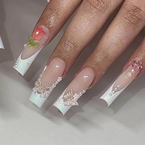MISUD Press on Nails Long Square Fake Nails Glossy Glue on Nails White French Tip Acrylic Nails Squoval Butterfly Artificial Nails Cute Flower Pearl Bow Stick on False Nails with Design 24 pcs