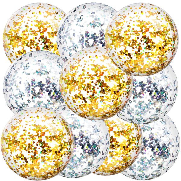 Civaner 10 Pieces Inflatable Beach Balls Glitter Christmas Swimming Pool Balls Christmas Outdoor Decor Ball Ornaments Floatable Confetti Ball for Beach Party Xmas Party Favor, 16 Inch(Gold, Silver)