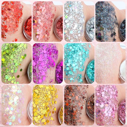 Body Glitter, Face Glitter for Kids, Glitter Makeup, Hair Glitter,YGQQOY Holographic Concerts Festival Rave Chunky Glitter Gel, 12 Colors