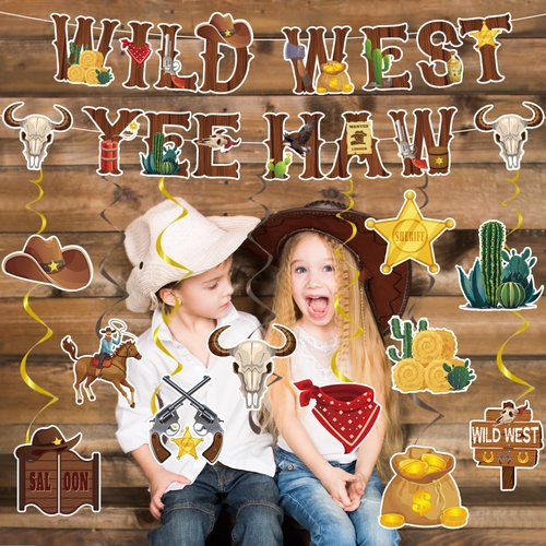 Hokinaa Western Cowboy Party Decorations - 18 Pcs Rodeo West Banners Foil Wild West Hanging Swirls Yee Haw Garland Banner Ceiling Streamers Photography Backdrop for Boys Happy Birthday Decor Supplies