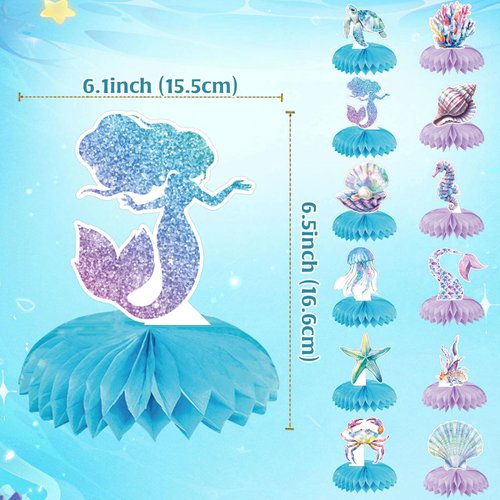 12Pcs Little Mermaid Party Decorations, Mermaid Birthday Honeycomb Decor Table Centerpieces Under the Sea Party Decorations, Ocean Themed Party Decors for Baby Shower Children Birthday Party Supplies
