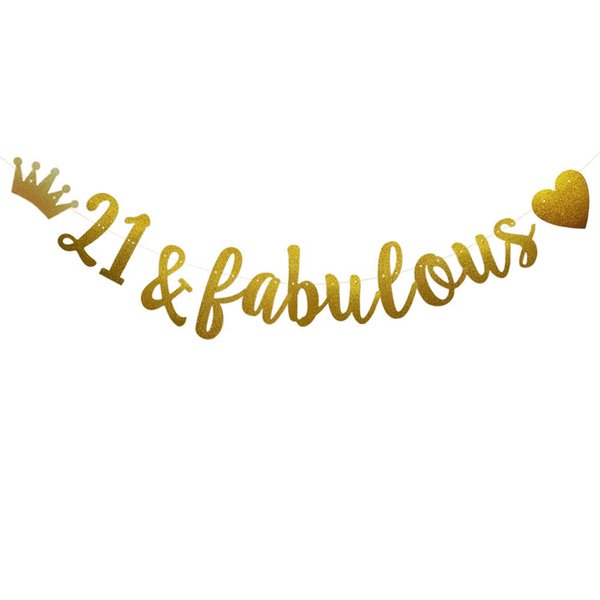 21 & Fabulous Banner, Pre-Strung, Funny Gold Paper Glitter Party Decorations for 21st Birthday Party Supplies, Letters Gold,ABCpartyland