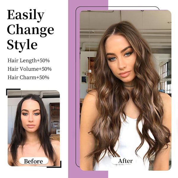 Invisible Wire Hair Extensions Real Human Hair, 14 Inch 75G Brown mixed Blonde Remy Human Hair Extensions with 4 Clips, Long Straight Thick Layered Transparent Hairpiece for Women