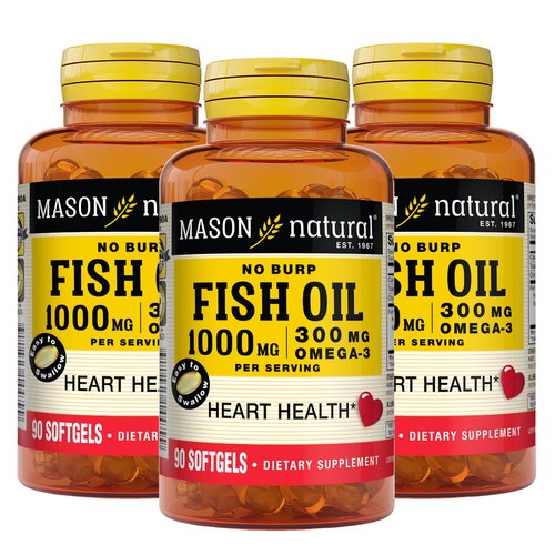 MASON NATURAL No Burp Fish Oil 1000 mg Omega-3 300 mg - Healthy Heart, Supports Circulatory Function, Improved Cardiovascular Health, 90 Softgels (Pack of 3)