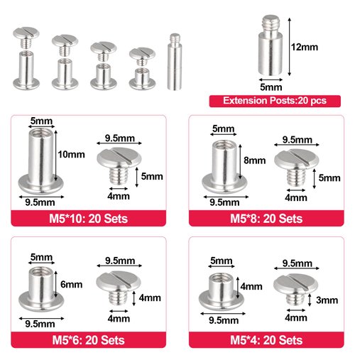 100 Pack Chicago Screws and Extention Posts for Binding Extending Scrapbook Photo Album Refill Pages Compatible with Pioneer Photo Albums (M5 x 4/6/8/10mm Book Screws)