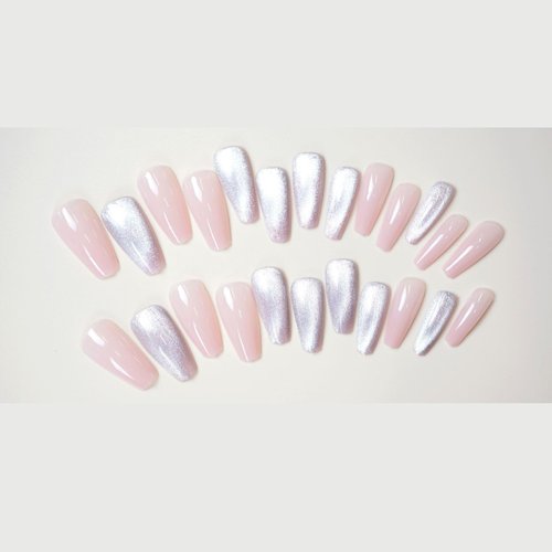MERVF Coffin Press on Nails Long Fake Nails Ballerina Glue on Nails with Cat Eye Design Glossy 24pcs Ombre Artificial Acrylic Nails for Women