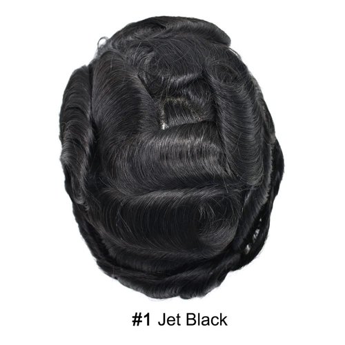 Curve Hair Toupee for Men Fine Mono Mens Toupee Human Hair Replacement System Poly Skin NPU Hair Piece Unit for Men Monofilament Wigs (7''X10'', 1B Off Black,110% Light to Medium Density)