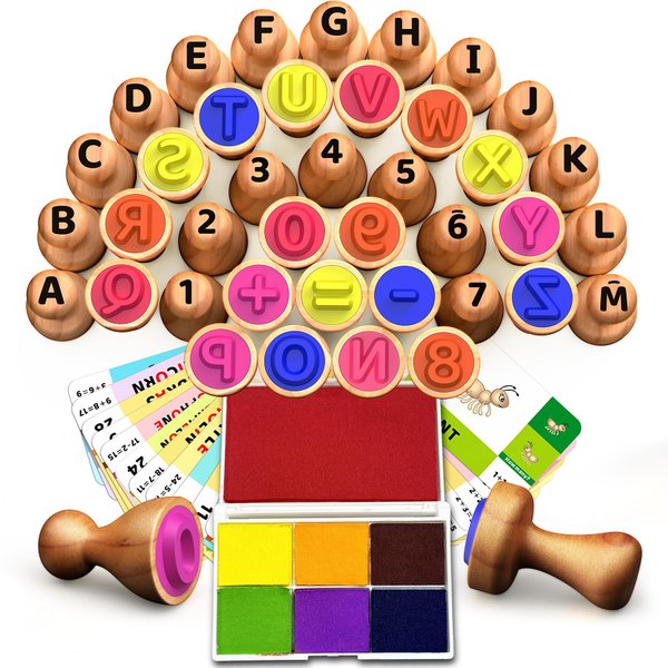Wooden Alphabet Number Stamp Ink Pad Flashcards Set,Letter Number Stampers Learning Resources Essentials Toys Gifts for 3+,Preschool Home School Classroom Arts and Crafts Supplies