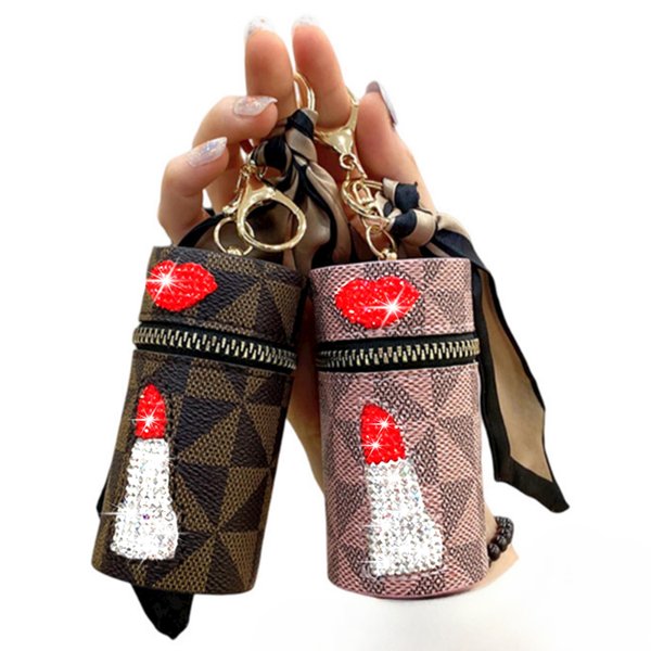 Portable Lipstick Case, 2Pcs Luxury Leather Lipstick Organizer, Mini Travel Zipper Keychain Lipstick Storage Pouche for Purse Bag, Lip Gloss Organizer for Lip Balm (Classic, Pink)