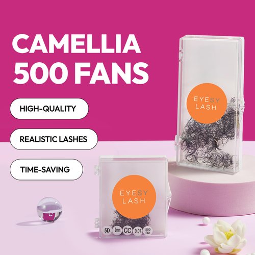 Eyesy Lash 500 Camellia Lash Extensions | 5D 0.07 Size 8-10-12mm Curl CC | American Volume Lash Multiple Lengths Eyesy Eyelash Extension Pestanas Pelo A Pelo Create Depth, Textured, Layered Effect