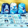 Qilery 140 Pcs Shark Party Favors Shark Birthday Party Favors Shark Bracelet Drawstring Bags Keychains Badge Sticker Notebook Bendable Pencil Shark Stress Relief Toy for Ocean Theme Decorations