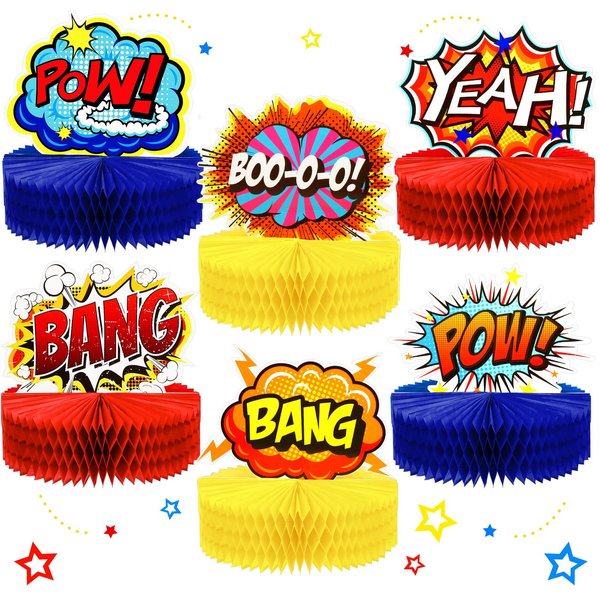 Skylety 6 Pcs Hero Themed Party Decoration Hero Honeycomb Centerpieces Hero Party Supplies 3D Table Topper Paper Hero Action Sign Table Topper Decor 7.5 x 7.8 Inch for Happy Birthday Baby Shower Favor