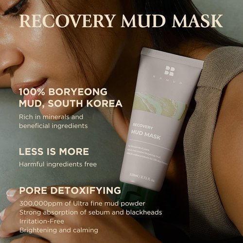 BRMUD Boryeong Mud Clay Face Mask, Pore Reducer & Minimizer, Blackhead, Acne Control for Oily Skin, Redness Relief and Skin Tightening Mask for Women and Men - Recovery Mud Mask 110ml (3.72 fl.oz.)