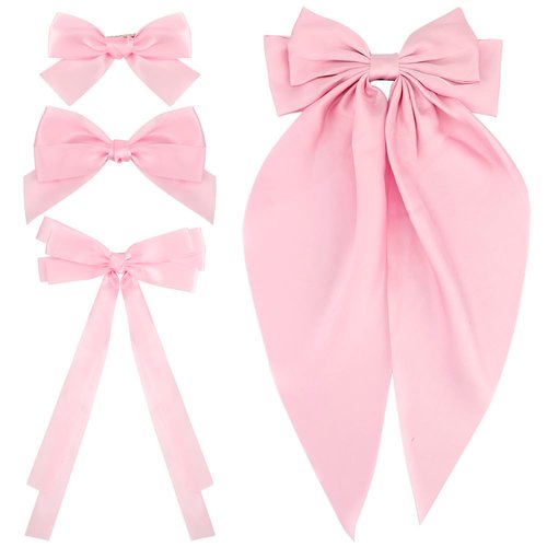 Atoden Pink Hair Bows for Women Girls 4 Pcs Silky Satin Hair Ribbons Oversized Long Tail Bow Hair Clips Hair Barrettes Alligator Metal Clips Big Bowknot Cute Hair Accessories Gifts
