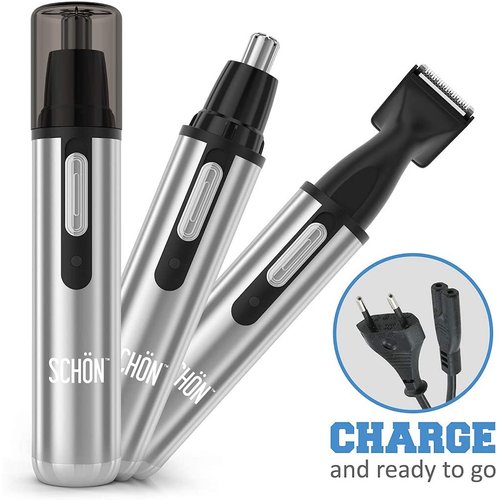 SCHON Stainless Steel Rechargeable 3-in-1 Eyebrow, Ear, Facial, & Nose Hair Trimmer/Clipper for Men&Women | Hair Clippers, Flawless Hair Remover, Male Beard Trimmers, Grooming Kit, Groomer (Silver)