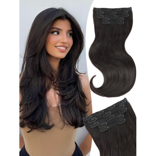 Isaic Clip in Hair Extensions, Dark Brown Hair Extensions Clip in Wavy Layered 16 inch 5PCS Synthetic Hair Extensions Invisible Lace Weft Thick Long Hairpiece for Women Daily Use
