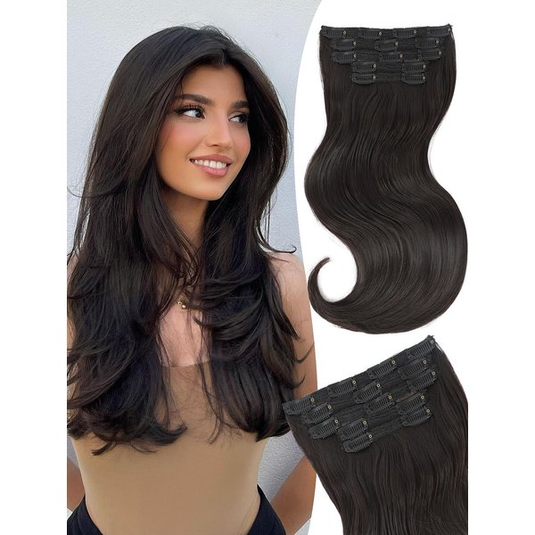 Isaic Clip in Hair Extensions, Dark Brown Hair Extensions Clip in Wavy Layered 16 inch 5PCS Synthetic Hair Extensions Invisible Lace Weft Thick Long Hairpiece for Women Daily Use