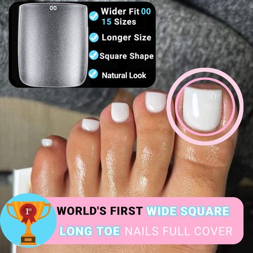 Long Square Toe Nail Tips Full Cover, SINOKAME Matte Soft Gel Toe Nail Press Ons Clear, Soak Off Fake Toenails Kit for Women Men Wide Longer Big Toes Nails,300 Pcs 15 Sizes