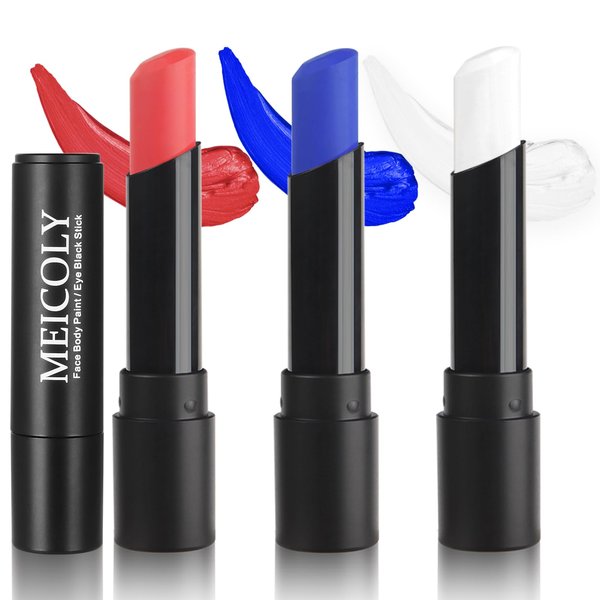 MEICOLY 4th of July Face Paint,USA Flag Face Paint,3Pcs Red White Blue Face Paint Body Paint Set,Sports Eye Black Stick For Softball Football Baseball,Halloween SFX Clown Spiderman Cosplay Makeup