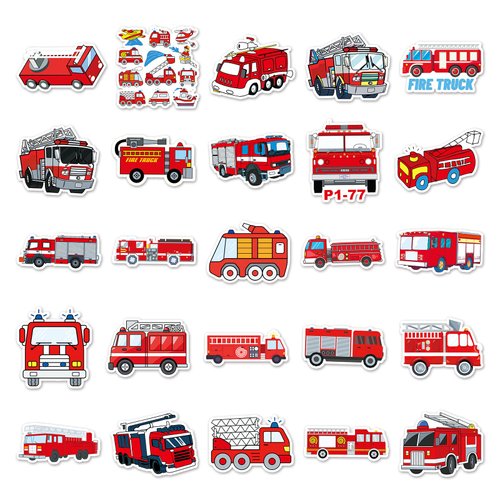 Kids Fire Truck Stickers,50Pcs Cute Cartoon Fire Fighting Engine Vehicles Vinyl Waterproof Decals,Party Decor Water Bottle Laptop Refrigerator Skateboard Sticker