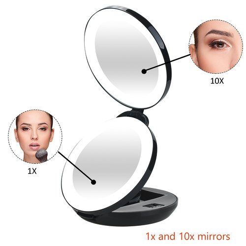 VrHere MirriM LED Lighted Travel Makeup Magnifying Mirror,Magnifies 10x and 1x, Luxury Double Side and Folding Pocket Vanity/Cosmetic Mirror (black)