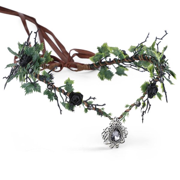 MOSTORY Black Fairy Flower Headband Crystal Elf Crown Woodland Headpiece Forest Berry Circlet for Women Girls Renaissance Halloween Cosplay Party Photoshoot