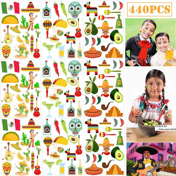 440PCS Mexican Fiesta Tattoos for Kids - Cinco de Mayo/Pool Summer Baby Shower Birthday Party Supplies Goodie Bag Stuffers Favors Cactus Chili Stickers(30 Sheet)