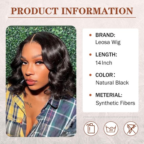 LEOSA Black Bob Wavy V Part Wig V Part Wig V/U Part Wig for Black Women Double-leaf Wig V Part Wig Full Head Clip In Hair Extensions Wig Synthetic Hair Replacement Wigs (14Inch, 14-1B#)