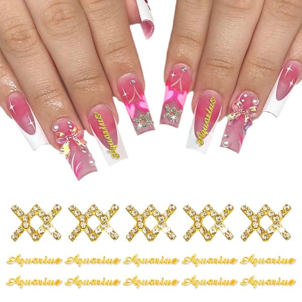 MOLILON 15pcs 3d Gold Cancer Nail Charms 5pcs Zodiac Signs and 10pcs Zodiac Letter Nail Studs Rhinestones Crystal Alloy Twelve Constellation Charms for DIY Crafts Jewelry Decoration Nail Supplies