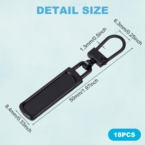 OIIKI 18PCS Luggage Zipper Pull, Zipper Tab Replacement, Alloy Zipper Pulls Extenders, Detachable Zipper Pull Extension for Clothing, Luggage, Backpacks -Black