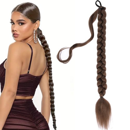 VOPPIS Long Braided Ponytail Extension 30 Inch Pre stretched Braiding Hair Extensions DIY Braid Ponytail Natural Soft Synthetic Hair Piece (Dark Brown, 30inches)
