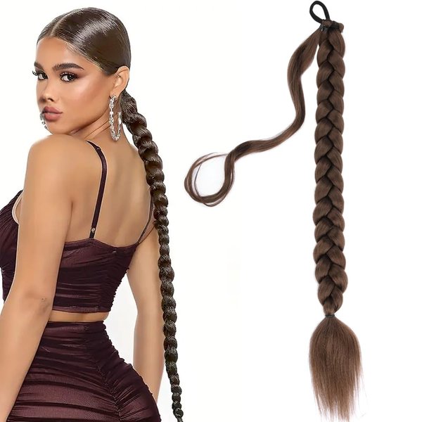 VOPPIS Long Braided Ponytail Extension 30 Inch Pre stretched Braiding Hair Extensions DIY Braid Ponytail Natural Soft Synthetic Hair Piece (Dark Brown, 30inches)