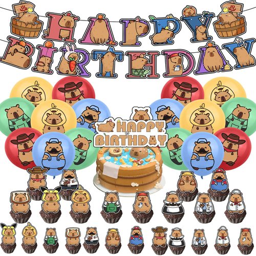 42 Pcs Capybara Birthday Party Supplies Decoration Includes Capybara Happy Birthday Banner, Cake Topper, Cupcake Toppers and Balloons for Cute Capybara Theme Party Decor