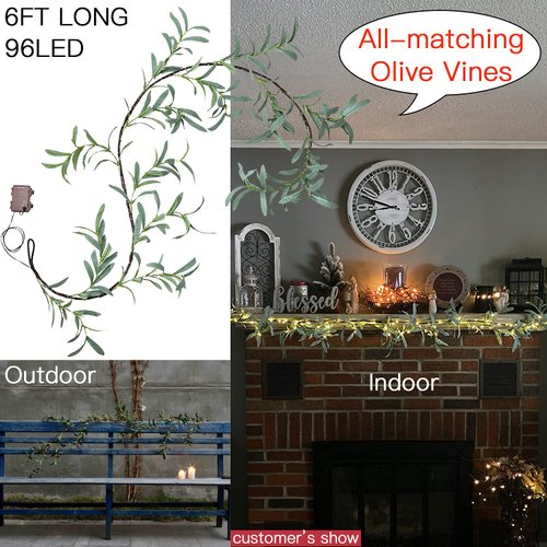 Fudios Lighted Olive Garland Battery Operated with Timer 96 LED Fairy Lights 6ft, Mantle Fireplace Vine Garland with Lights for Decoration Inside Outside Christmas Valentines Wedding
