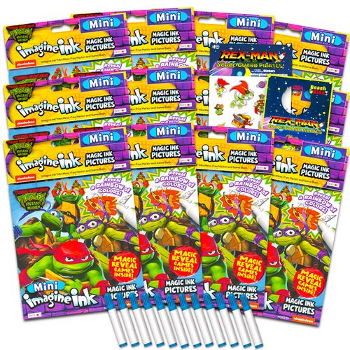 Teenage Mutant Ninja Turtes Imagine Ink Coloring Book Set for Kids - 12 Pack No-Mess Magic Ink TMNT Coloring Books with Rex-Man Stickers and Door Hanger (TMNT Party Supplies Party Favors Bundle)